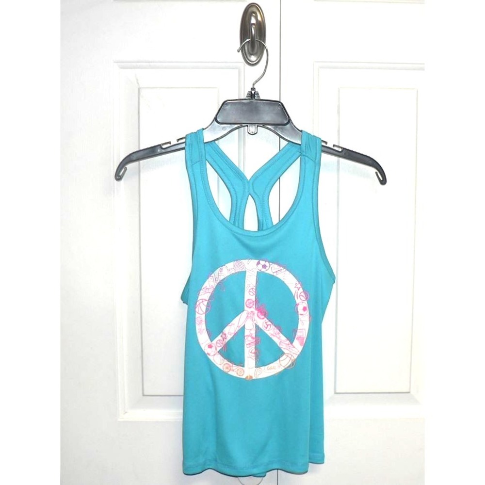 BCG Girls Racerback Peek-A-Boo Graphic Print Tank Tahiti Blue Peace & Play M8/10